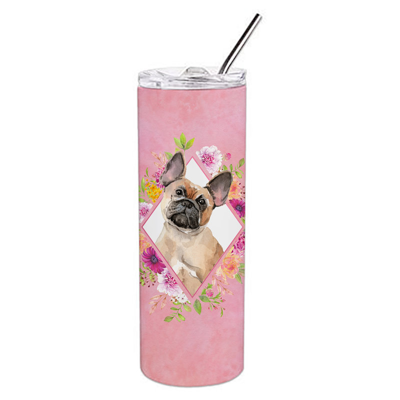 E23BF9F8391D466E9CA4F8DFEBD9A7DB de verre 20 oz à double paroi en acier inoxydable chiot, Brown Fawn French Bulldog, Rose