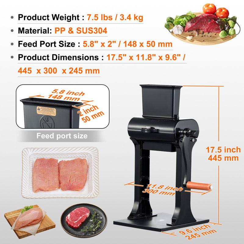Attendrisseur de viande professionnel, ouverture d'alimentation de 14,7 cm pour bœuf, machine robuste en acier inoxydable, outil de cuisine manuel simple et rapide à utiliser, convient pour la dinde, le poulet, le porc, le steak et le poisson.