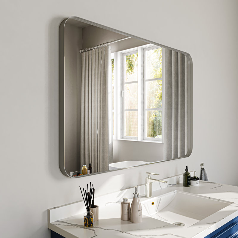 Tahleek Bathroom Aluminum Framed Rectangle Wall Mirror, Silver, 48" x 32"