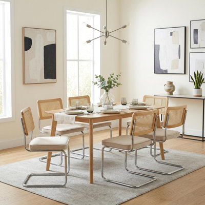 7 Piece Dining Table Sets Mid-Century Modern Rectangular Table With Rattan Back Velvet Cantilever Chairs