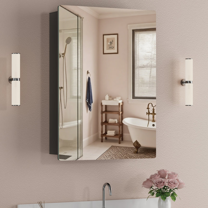 24" W X 30" H Surface or Recessed Mount Medicine Cabinet with Mirror, Aluminum Frame and Adjustable Tempered Glass Shelves for Makeup, Shaving or Bathroom Vanity Storage