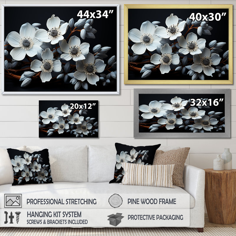 Dogwood Noir Reverie I sur toile, H 24 po x l 32 po x P 1 po, Cadre de coin blanc fermé