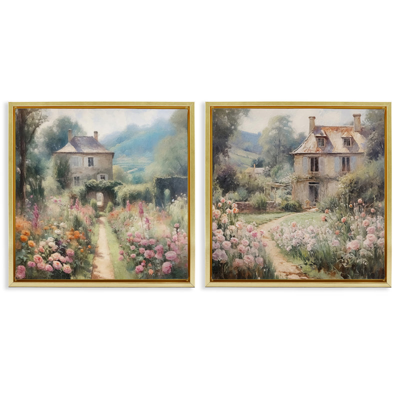 Ensemble de 2 toiles flottantes encadrées dorées Quaint French Country Garden par RileyB, Cadre flottant métallique doré