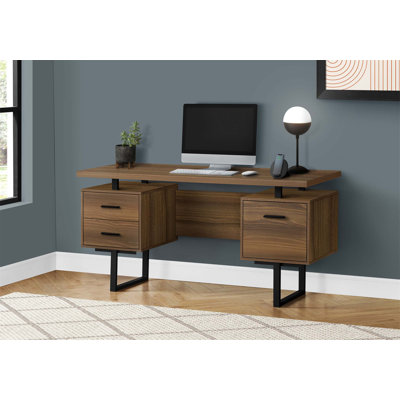 Contemporary 60 Inch Computer Desk with Storage Drawers, Reversible Left or Right Setup for Home Office, Walnut Laminate and Black Metal Frame