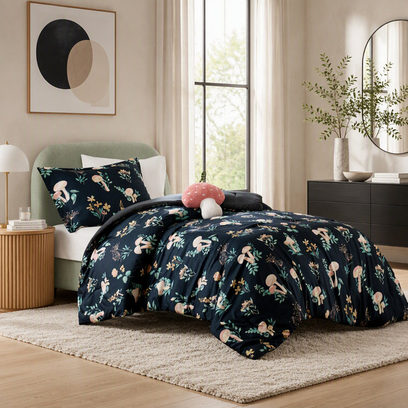 3 Piece Twin and Twin XL Mushroom Garden Comforter Set with Sham and Pillow, Navy Multi