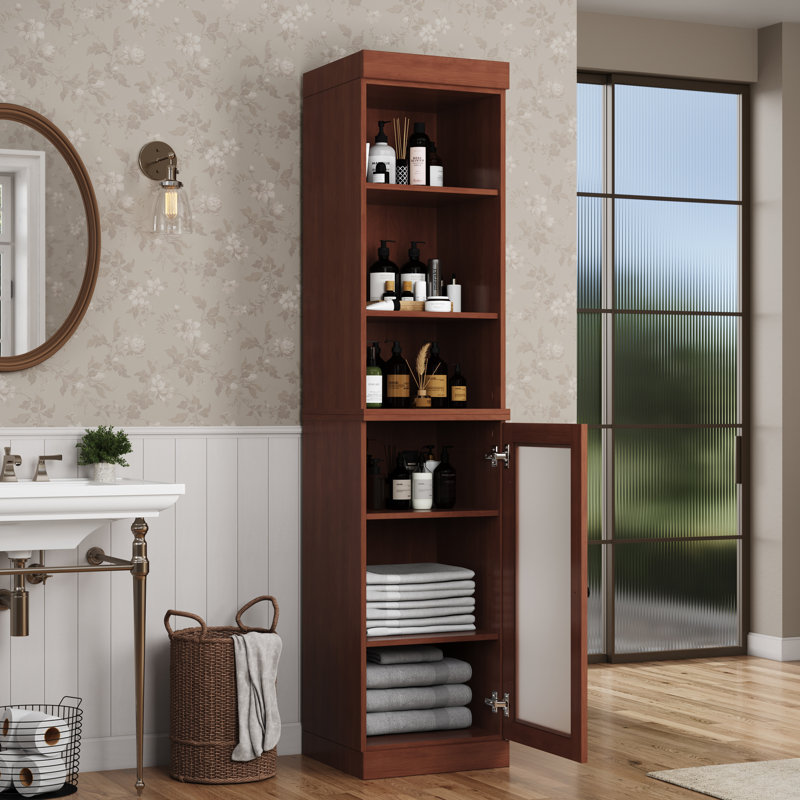100% Solid Wood 16.5" Bathroom Storage Cabinet with Frosted Glass Doors and Adjustable Shelves, Mocha