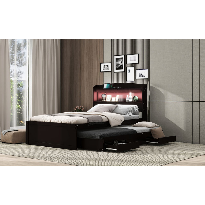 Lit simple TG avec rangement, tête de lit à DEL et de charge, lit gigogne, 2 tiroirs, plateforme de rangement brun foncé