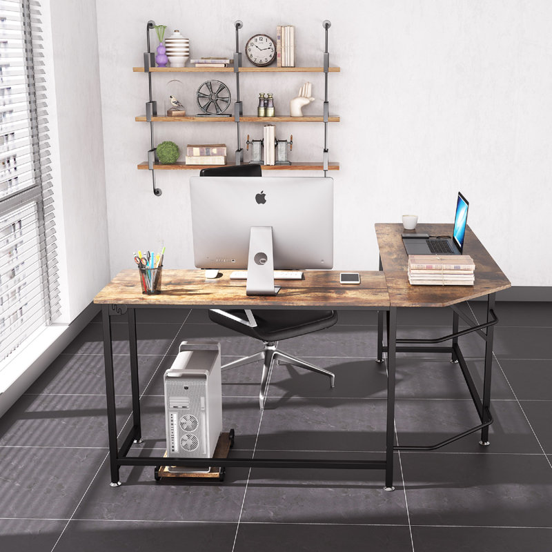 L-Shaped Metal Base Writing Desk, Rustic Brown