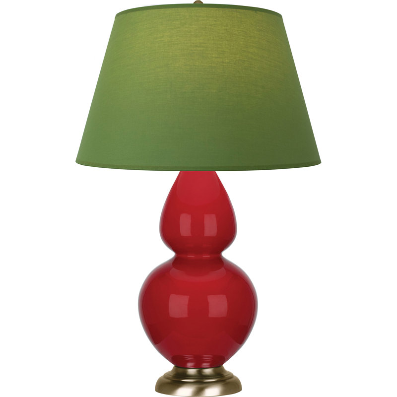 Lampe de table double gourde en céramique, Thé vert / taupe, Rouge rubis verni / laiton, Laiton