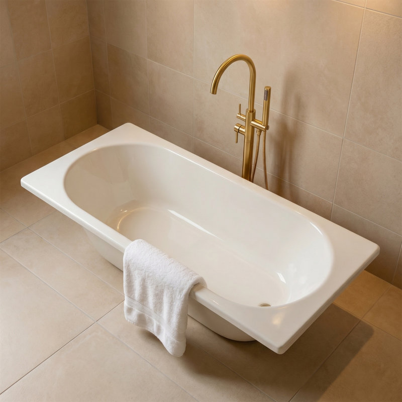 Baignoire de trempage autoportante 67 po, surface solide en résine de pierre, mat poli à la main, trempage profond ergonomique, bonde escamotable