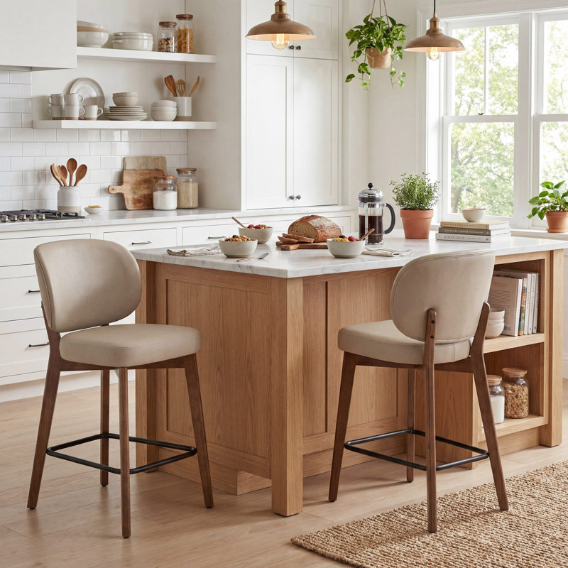 Mid-Century Modern Counter Stool, Fabric Upholstered Barstool with Wingback, Armless Counter Height Bar Stool With Wood Legs, Metal Footrest, For Kitchen Island Bar Counter, Khaki, Set of 2