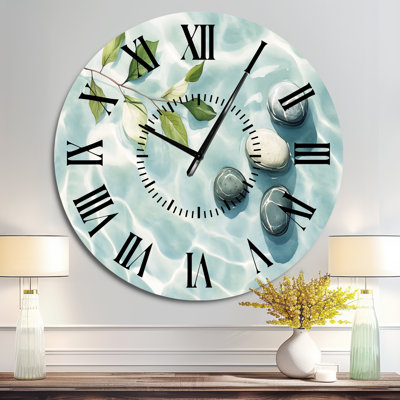 Horloge murale Zen silencieuse en métal - Pierres et feuilles sur l'eau