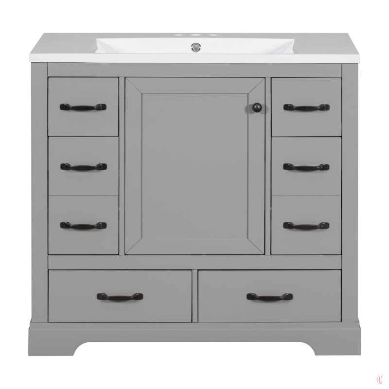 Ensemble de meuble-lavabo 36 po avec évier, six tiroirs, diviseur de tiroir multifonctionnel, tablette réglable, Noir, Gris