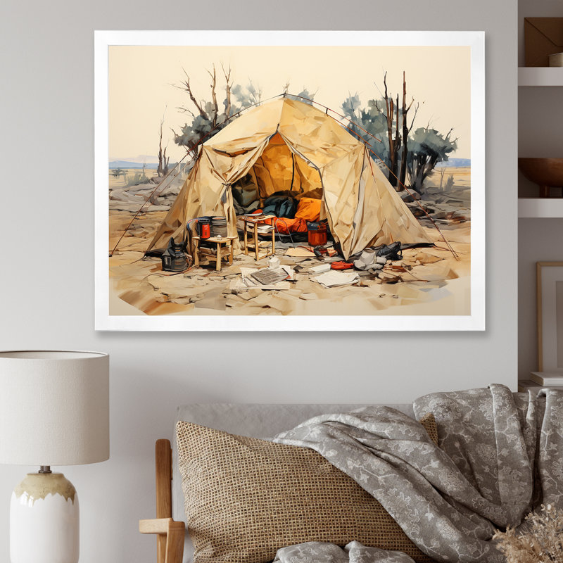 Camping Tent Outdoor Adventure III - Camping Travel Wall Decor, 24" H x 32" W x 1" D, White Single Picture Framed