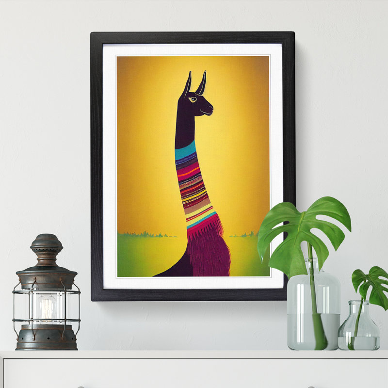 Llama Painting Retro Art - Picture Frame Print, Black, 34cm H x 25cm W x 2cm D