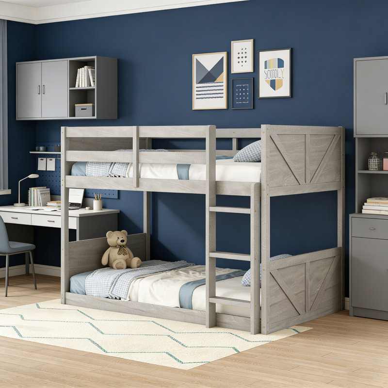 Twin Over Twin Solid Wood Floor Bunk Beds With Panelled Headboard And Footboard, Gray
