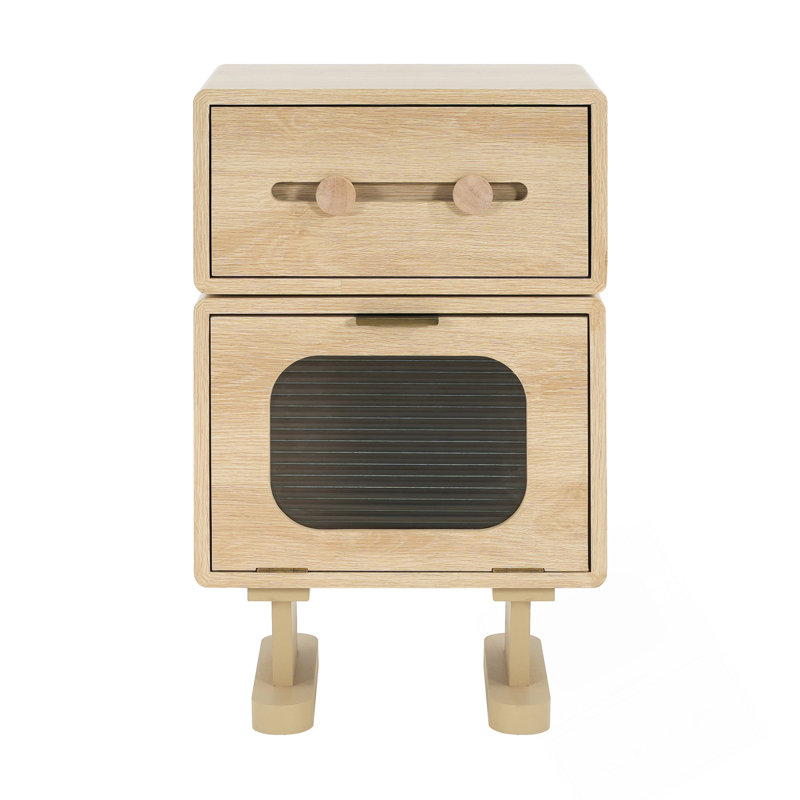 Table d'appoint rotative en bois aggloméré en forme de robot avec rangement spacieux et porte en verre trempé