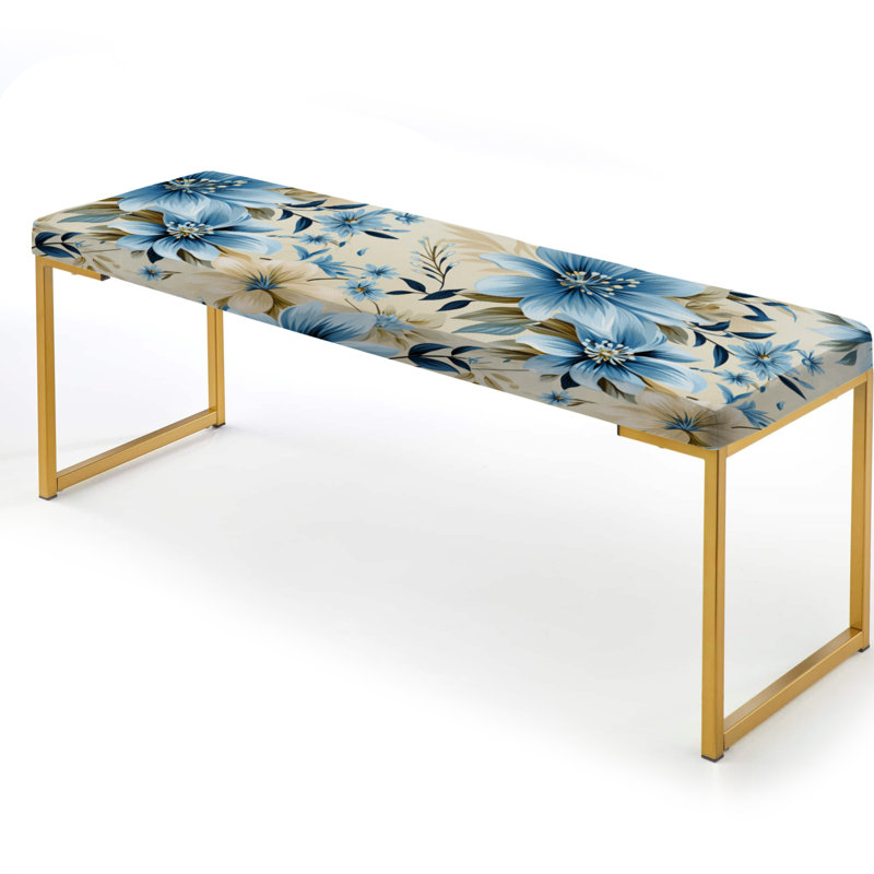 Upholstered Gold Bench, Blue And White Flowers