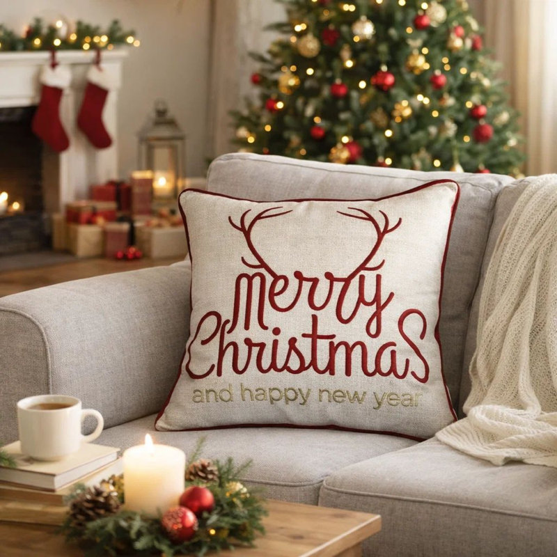 Housse de coussin décoratif, Merry Christmas, rouge avec accents dorés, carré de 20 pouces
