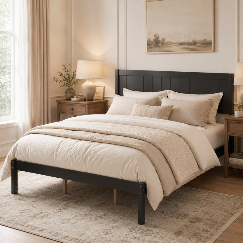Base de lit plateforme moderne avec tête de lit à panneau et support à lattes, aucun sommier requis, Espresso