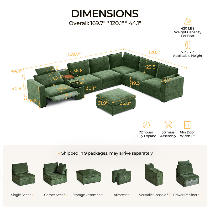 6 Seater Chenille Oversized Modular Sectional Sofa With Power Recliner Cloud Reclining Couch With Headrest Storage Drawer Charging Cup Holders Deep L-shaped With Corner And Ottoman