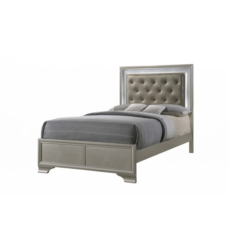 Upholstered 1Pc LED Panel Bed(Only Bed), Champagne, Twin