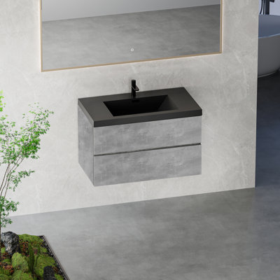 Meuble-lavabo flottant de 36 po avec lavabo, meuble-lavabo mural moderne avec lavabo à quartz noir et tiroirs à fermeture en douceur, gris ciment série EDI