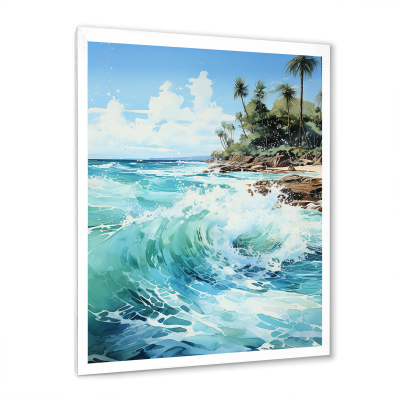 " Azure Seascape Palms Horizon ", White Framed, 32" H x 24" W x 1" D