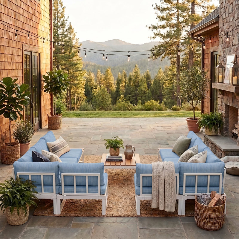 Cogbill 109.6 Wide 8 - Person Aluminium Outdoor Seating Group with Cushions, White, Blue