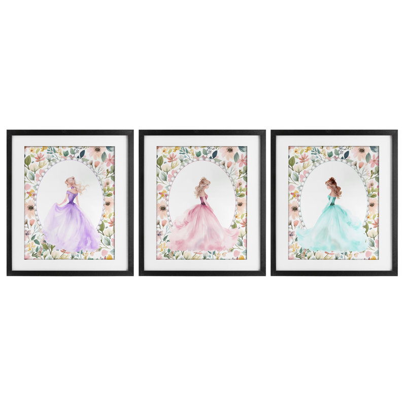 Princess Love Pearls & Florals 3pc Framed Print Under Glass Set, design by Christine Simpson Art, 21" H x 17" W