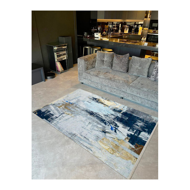 Tapis noir lavable à la machine à motif abstrait et à motif abstrait à motif tissé noir Barcelona Collection