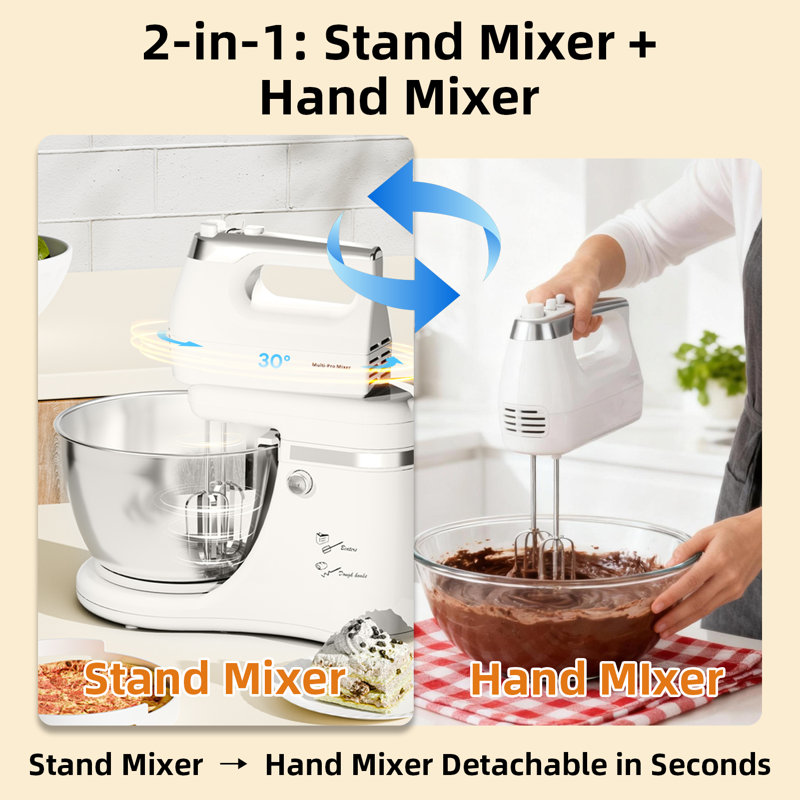 Stand Mixer Electric Kitchen Mixer, 4.8 QT Auto-Rotating Bowl & Beater Tilt-Head 2-IN-1 Standing Hand Mixer, 250 Watt 5-Speed with Turbo Boost Household Mixer with Beaters & Dough Hooks for Baking