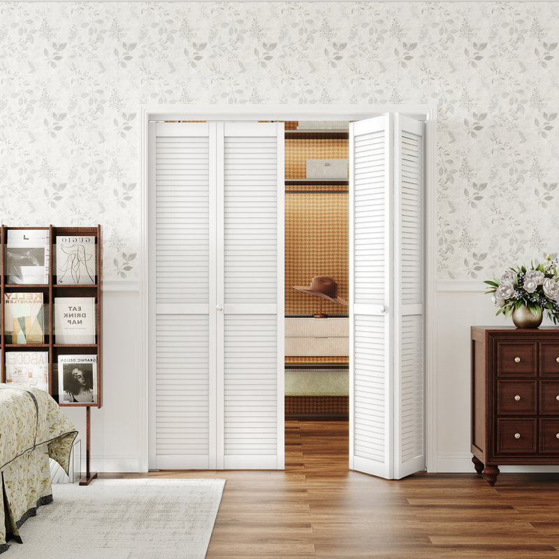 Porte pliante blanche à persiennes avec quincaillerie intérieure non pliée, 72 po x 80 po