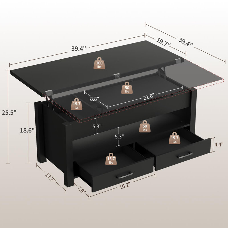 Table basse à plateau relevable multi-fonctions 4-en-1 avec tiroirs et rangement caché, Modèle n ° 1, Noir