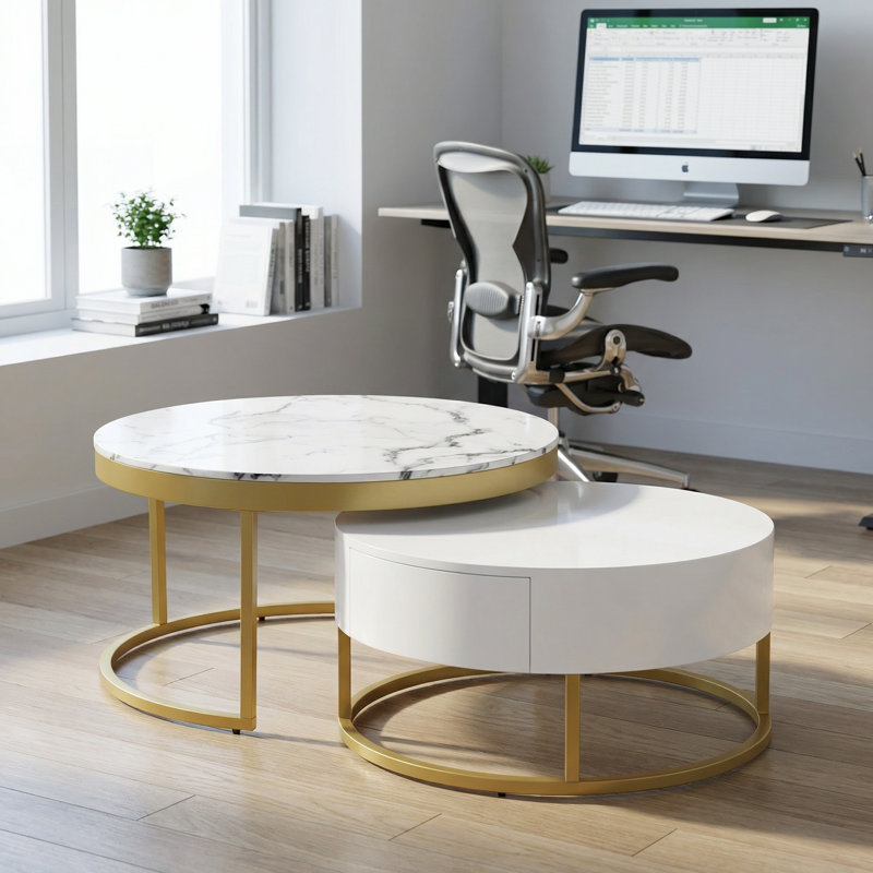 Table basse gigogne ronde moderne avec tiroirs aux accents blancs et dorés, conception peu encombrante avec solutions de rangement pour les salons