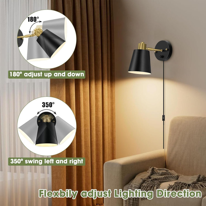 Dimmable Plug-In Wall Sconces Set Of 2, Adjustable Angle Wall Mounted Lamps With Dimmer Switch, Includes 2 Dimmable LED Bulbs For Bedroom, Living Room, And Office