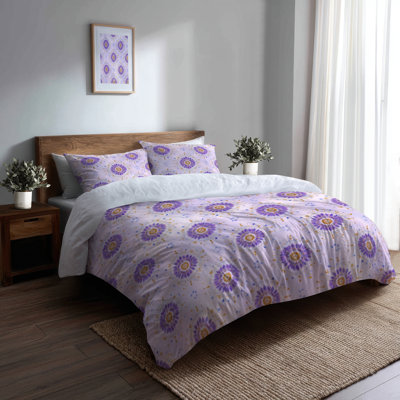 Modern 3 Pcs Bedding Set - Abstract Purple And Gold Boho Mandala Duvet Cover And Throw Pillow Set