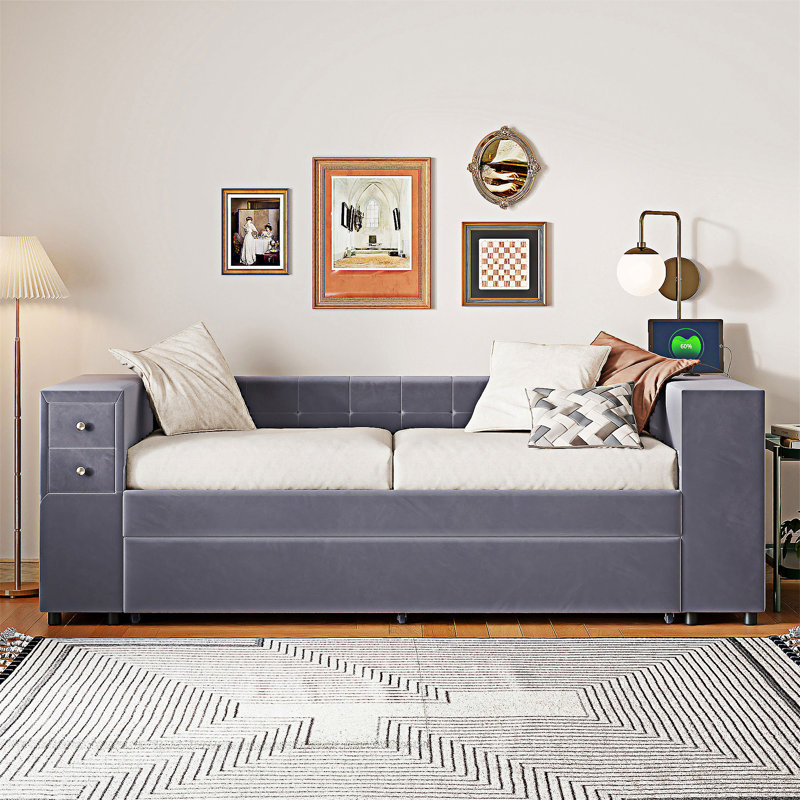 Lit simple tapissier avec rangement et ports de chargement USB pour lit gigogne simple, gris