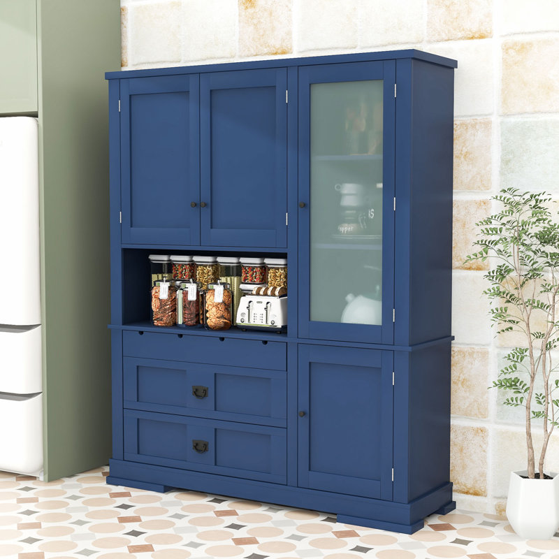 Armoire haute haute avec huche, 2 tiroirs, tablettes réglables et poste de travail à micro-ondes, Bleu