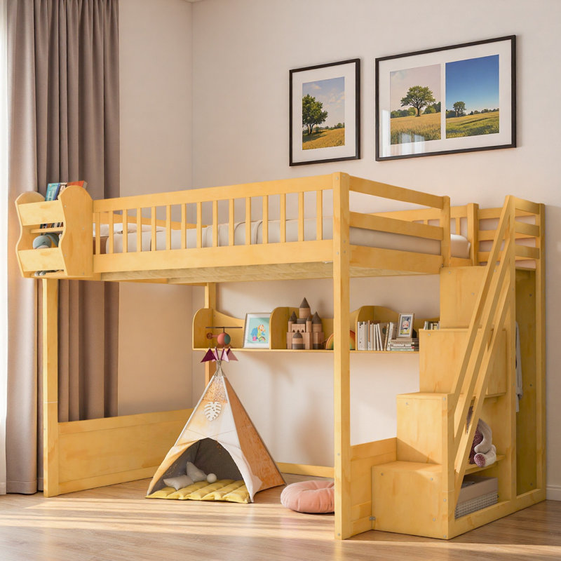 Wooden Loft Bed With Wardrobe, Overhead Shelves And Storage Shelves, Natural