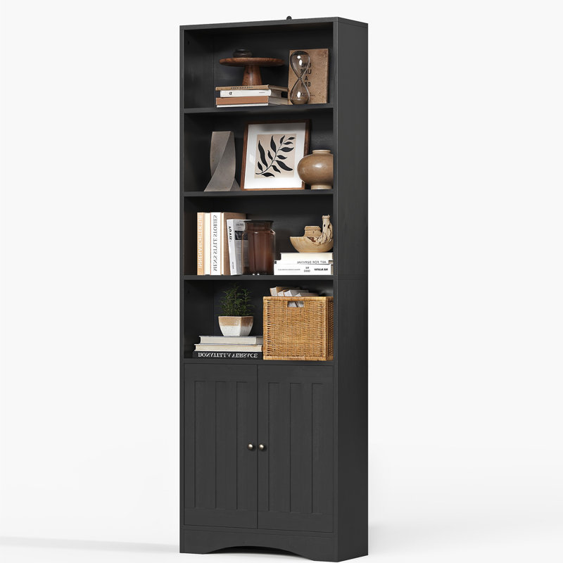 Bibliothèque de 70,8 po de hauteur avec tablettes réglables et portes d'armoire - armoire de rangement de style campagne moderne pour le salon, le bureau personnel
