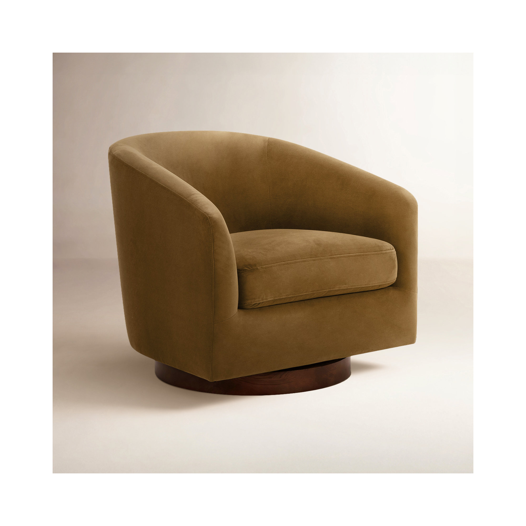 Bennett Upholstered Swivel Barrel Chair, Soren Ochre Performance Velvet
