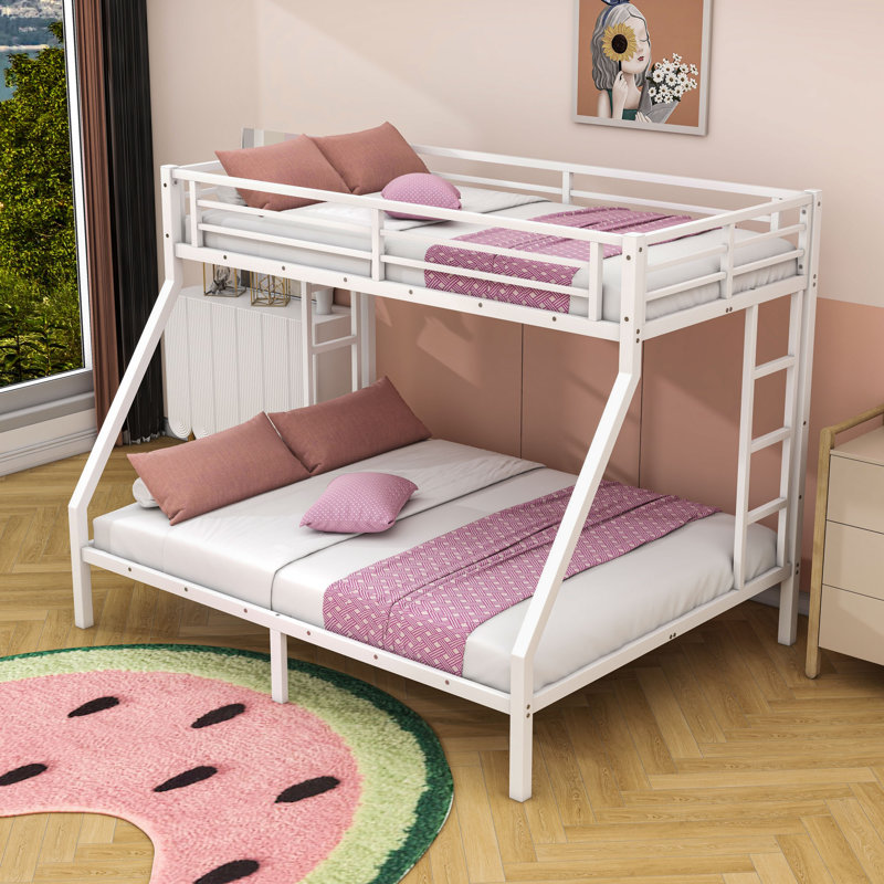 Twin XL Over Queen Heavy Duty Metal Bunk Bed With Dual Side Ladders And Noise-Free Design, White