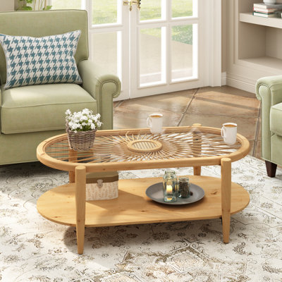 Table basse en rotin de bois massif Cordov avec plateau ovale en verre