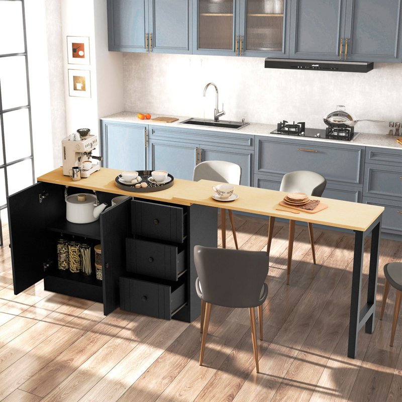 89.7'' Wooden Kitchen Island With Extendable Table, Natural/Black