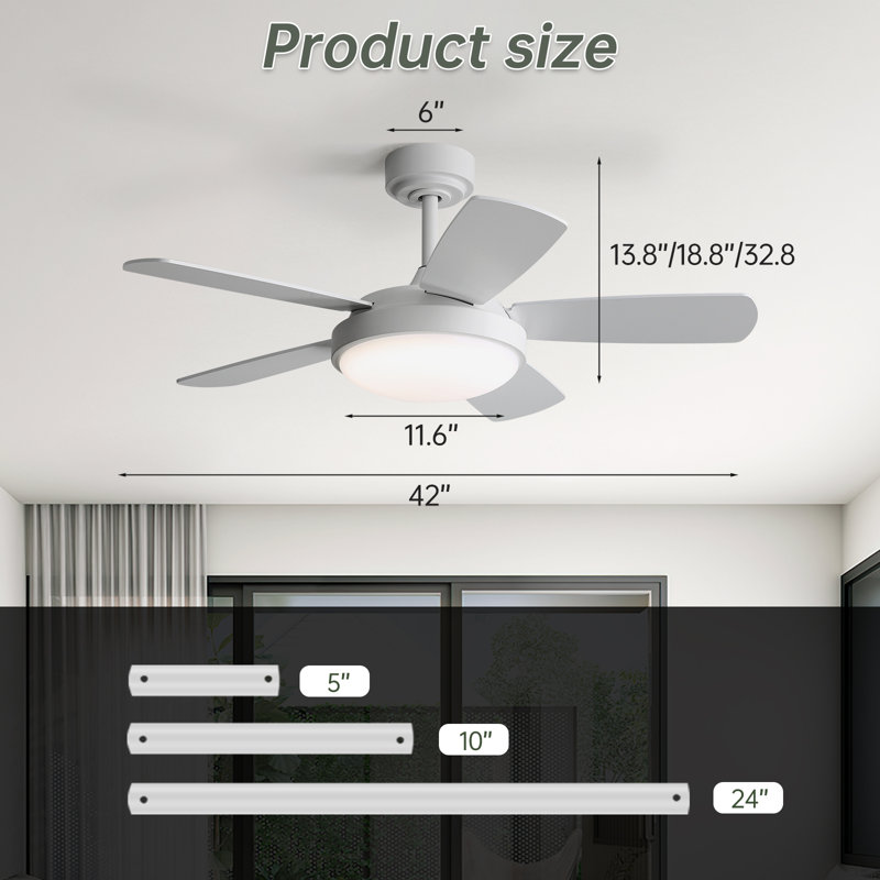 Damecia 42'' 5 Blade Modern Ceiling Fan With Light and Remote Control, White