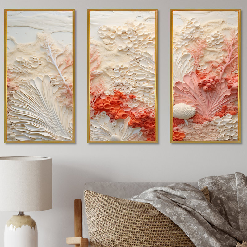 Puga - Ensemble d'art mural en toile corail sous l'eau, Cadre flottant doré, H 40 po x l 60 po x P 1 po