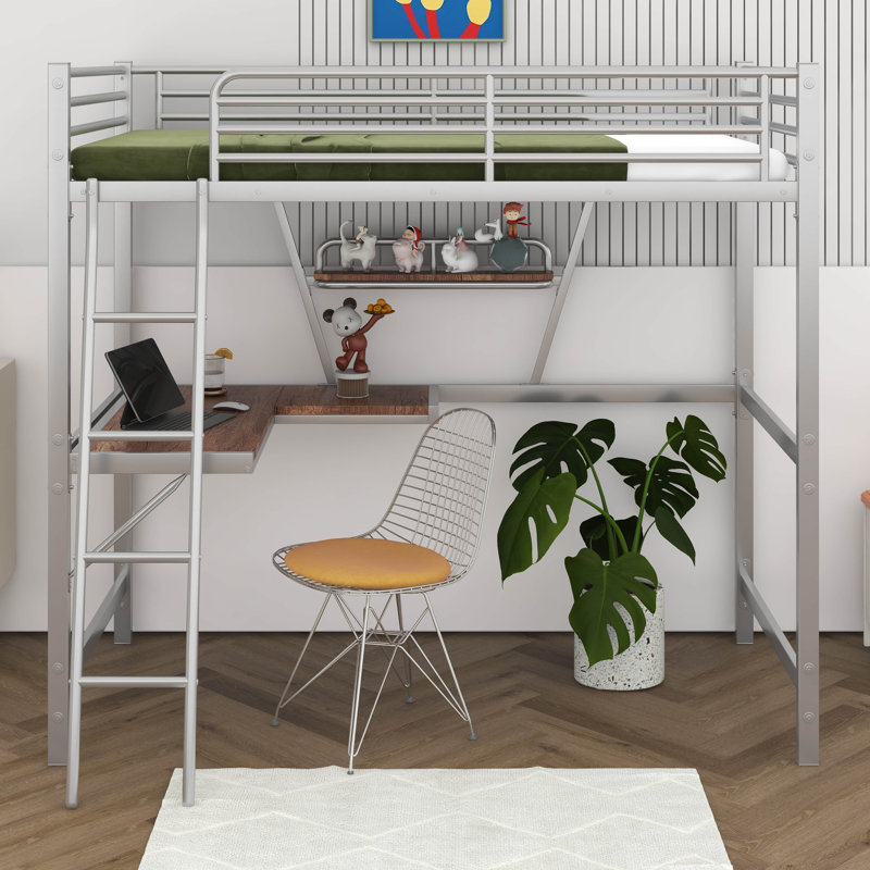 Lit mezzanine simple en métal et panneau de fibres à densité moyenne avec bureau et tablette, Argent