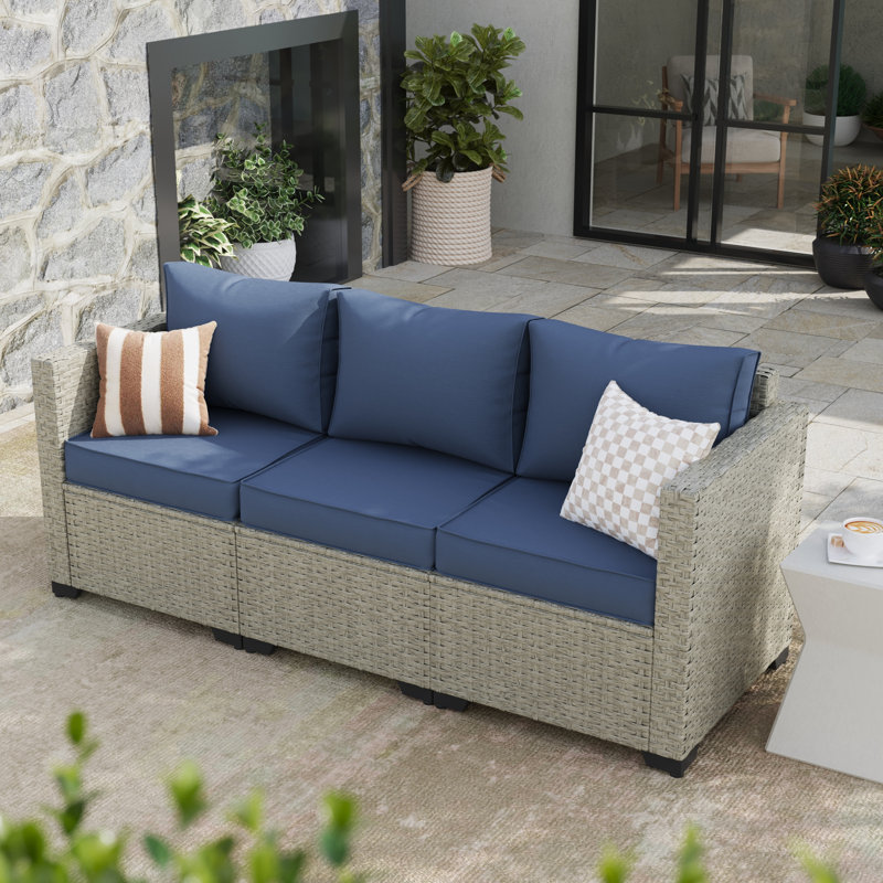 Canapé de patio droit en osier de 79,5 po de largeur avec coussins, Bleu, Gris