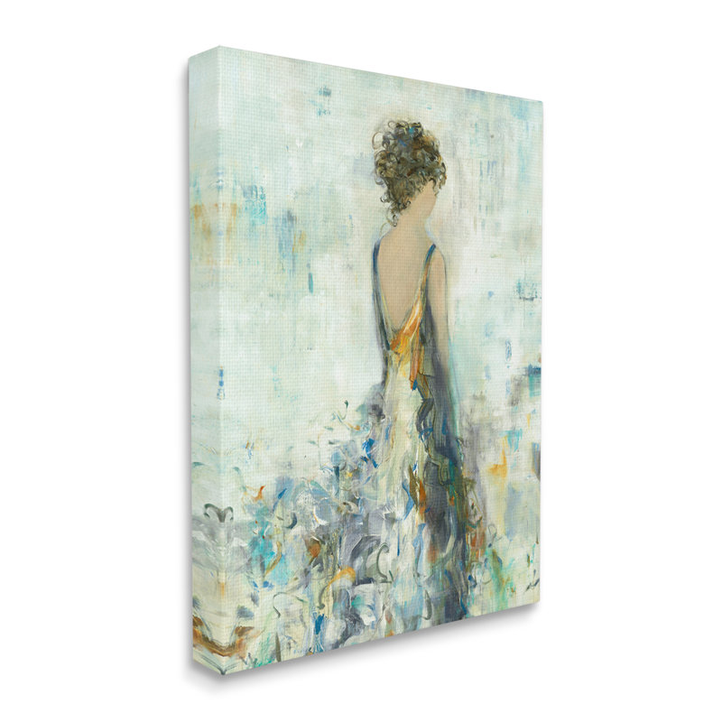 Femme abstraite, robe florale sur toile, H 20 po x l 16 po x P 1,5 po